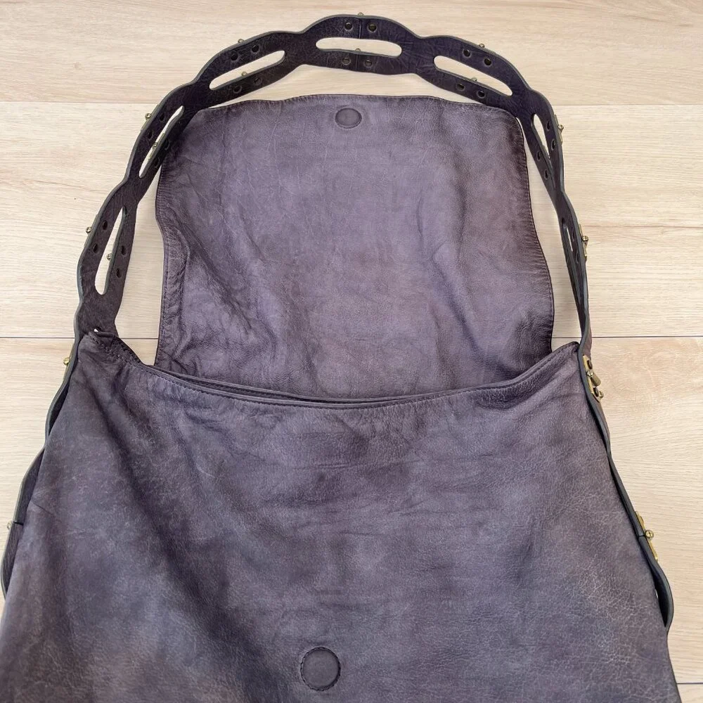 Kooba MEG Genuine Washed Leather Shoulder Bag Hinge Cutout Strap in Lavender
